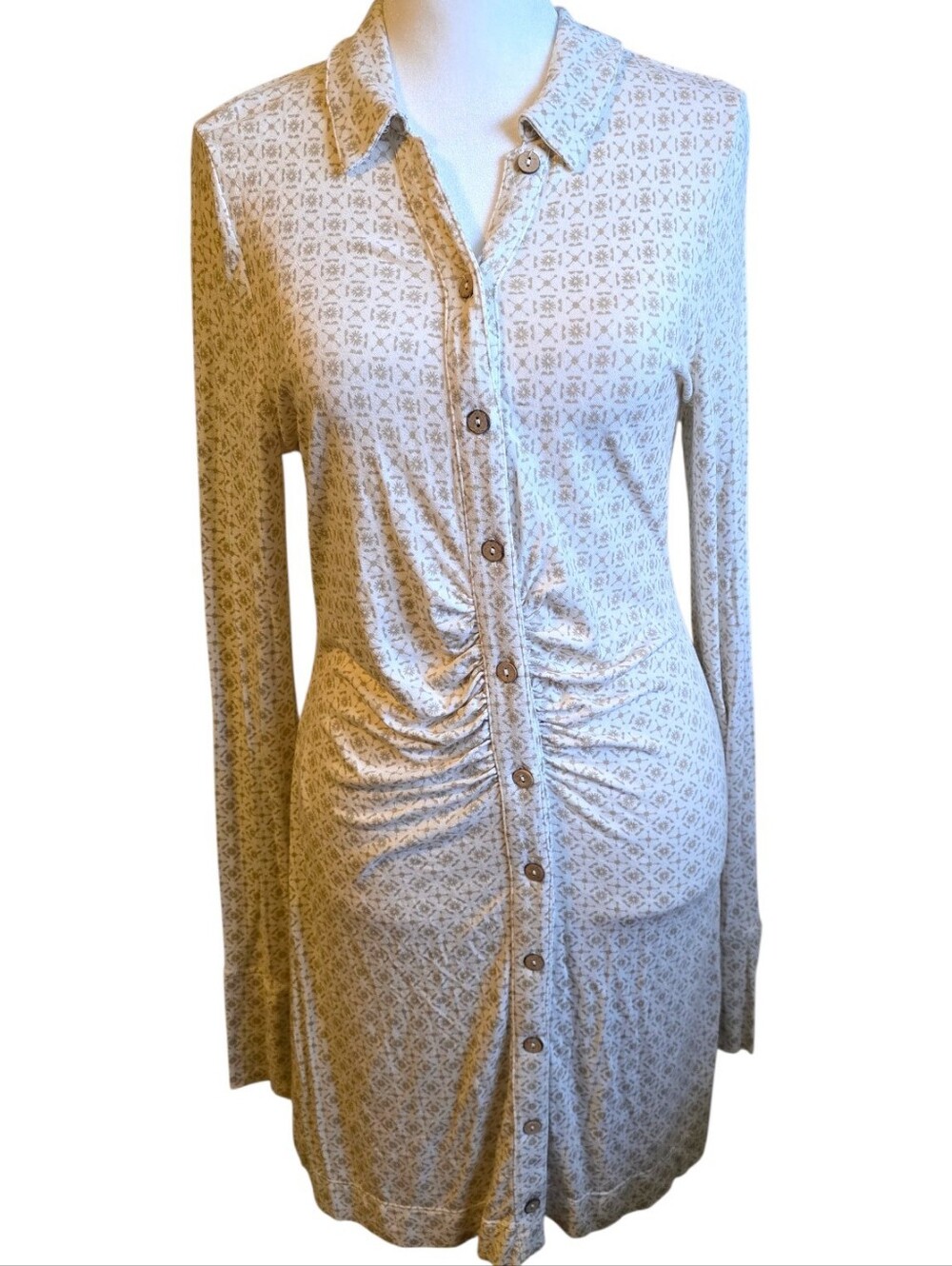 Free People Printed Long Sleeve Ruched Button Down Mini Shirt Dress Size M